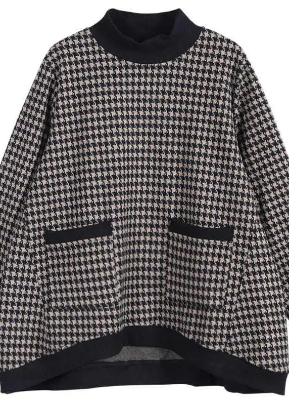 White Plaid Turtleneck Pockets Patchwork Top Long Sleeve