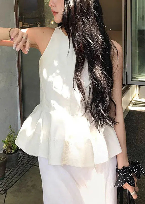 French White O Neck Ruffled Cotton Top Sleeveless