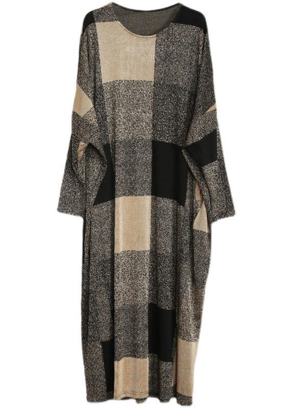 Plaid Pockets Long Sleeve Maxi Dresses Fall
