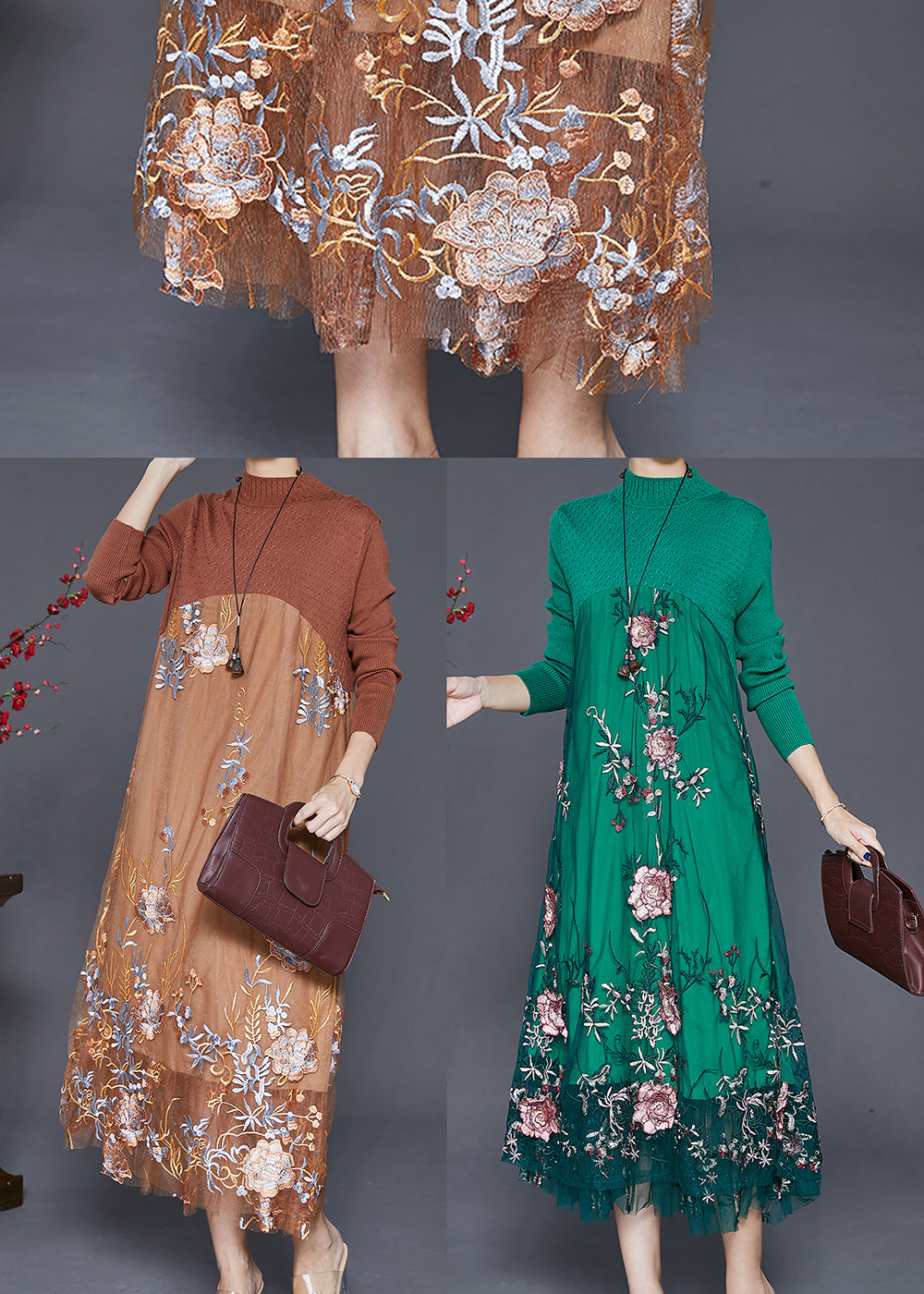 Green Patchwork Tulle Knit Dress Embroideried Fall