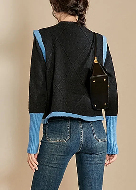 Blue O-neck Patchwork Cotton Knit Sweaters Winter