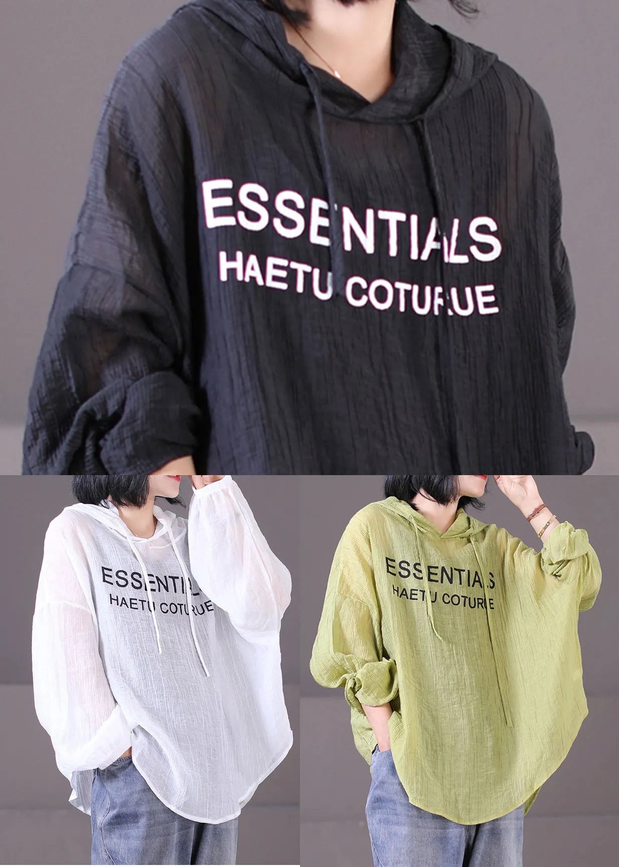 Classy Black Hooded Drawstring Wrinkled Cotton Sweatshirt Long Sleeve