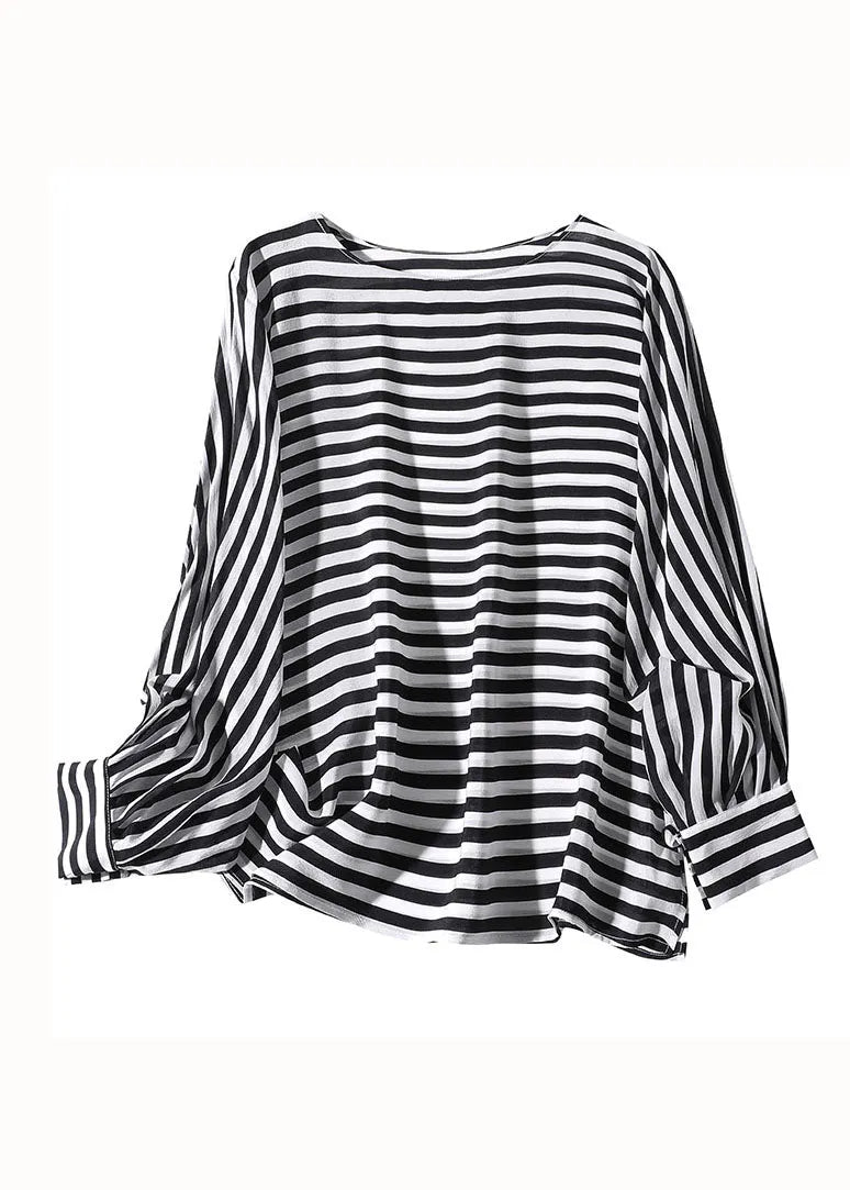 Black O Neck Striped Patchwork Silk Shirt Tops Spring