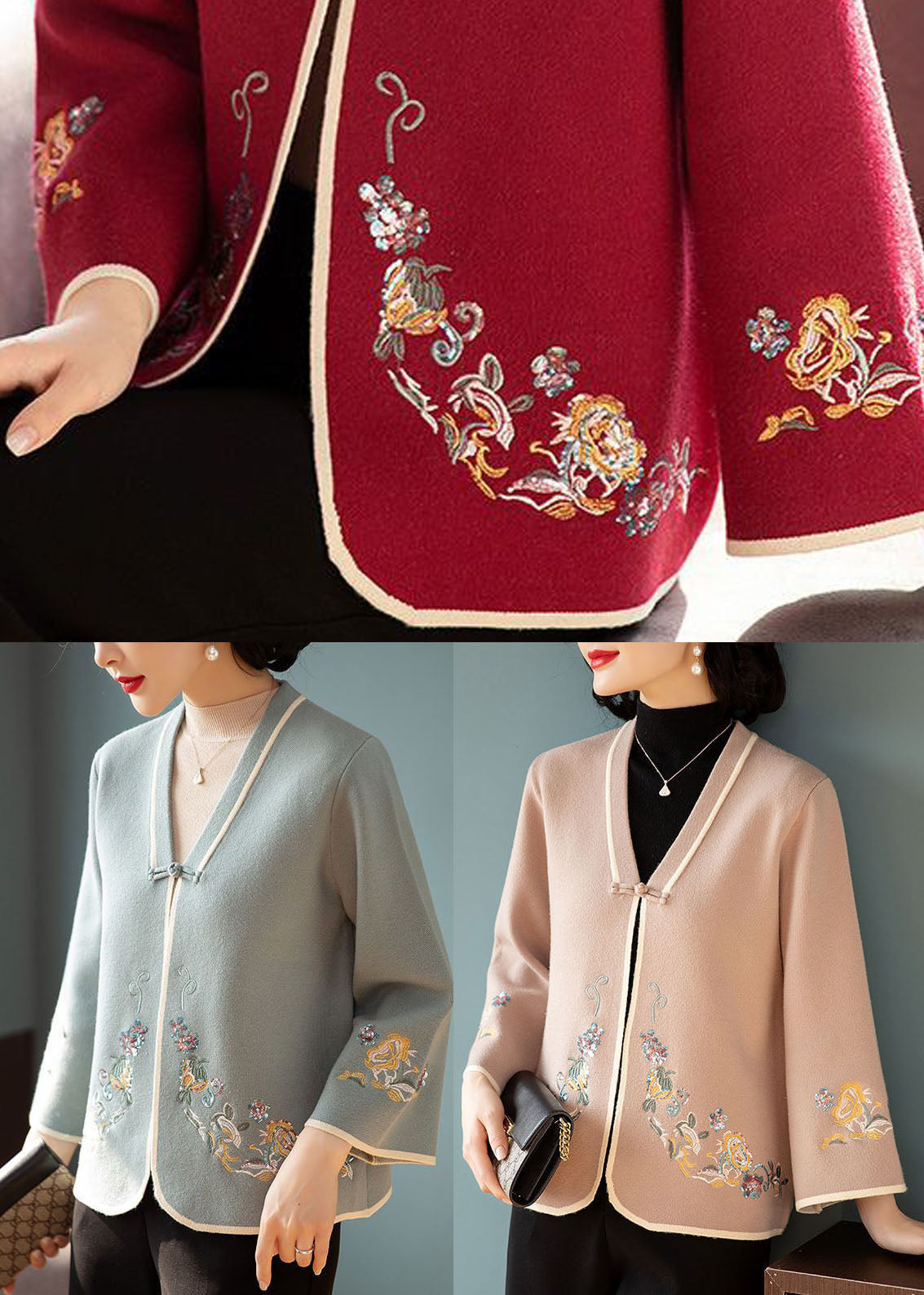 Blue V Neck Embroideried Woolen Coats Long Sleeve