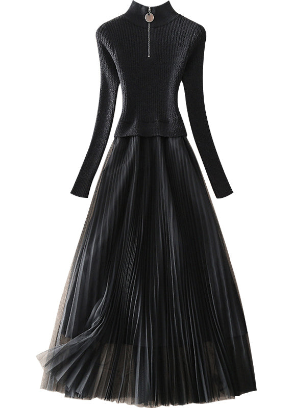 Black Zip Up Tulle Patchwork Knit Long Dresses Spring