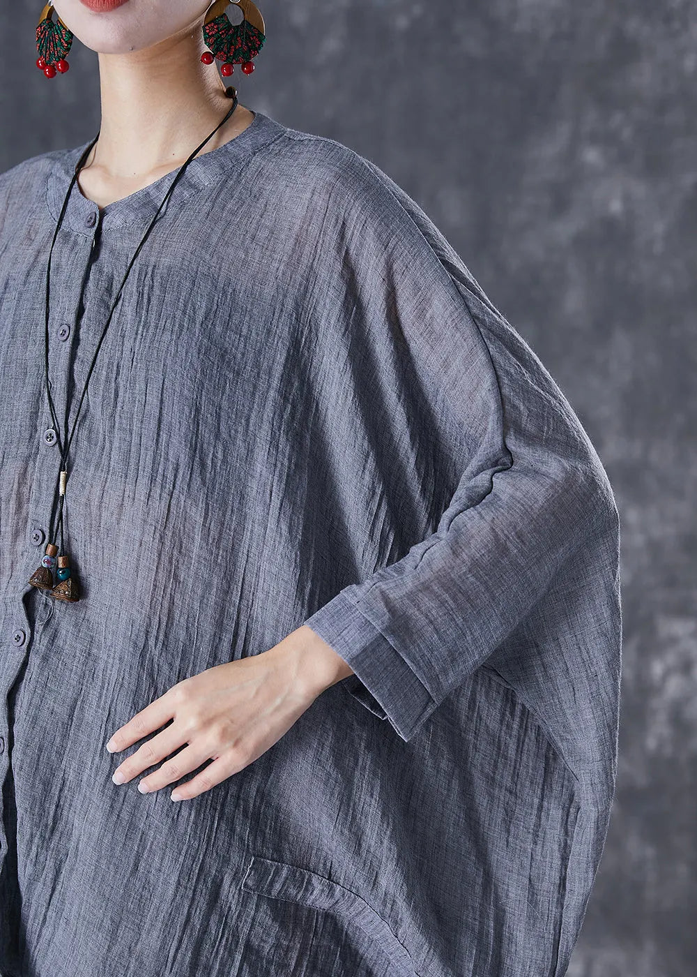 Grey Oversized Linen Blouses Batwing Sleeve