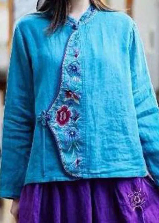 Oriental Blue O-neck Tie Waist Embroideried Linen Tops Spring