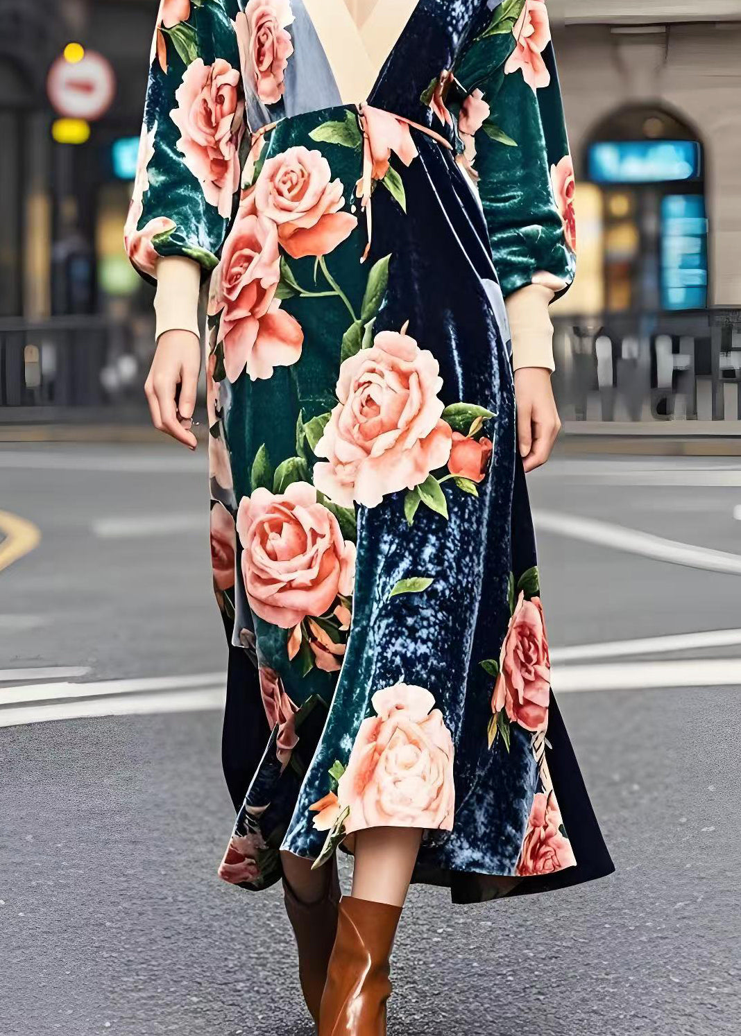 Colorblock V Neck Patchwork Print Silk Velour Dresses Fall