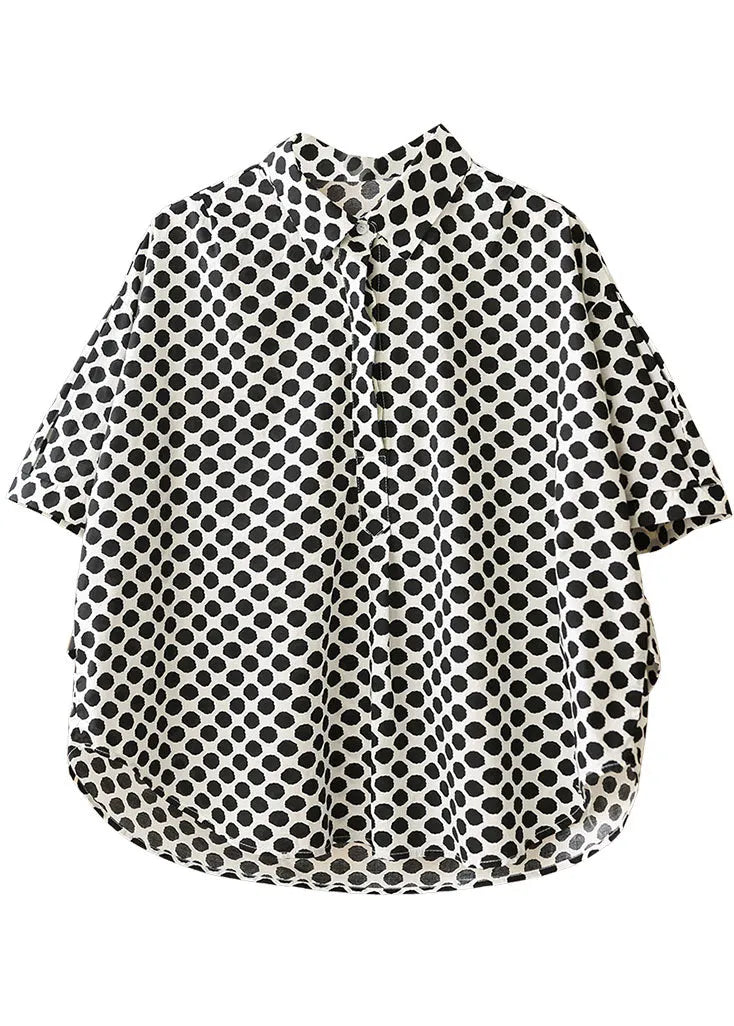 Black Dot Print Peter Pan Collar Cotton Shirts Short Sleeve