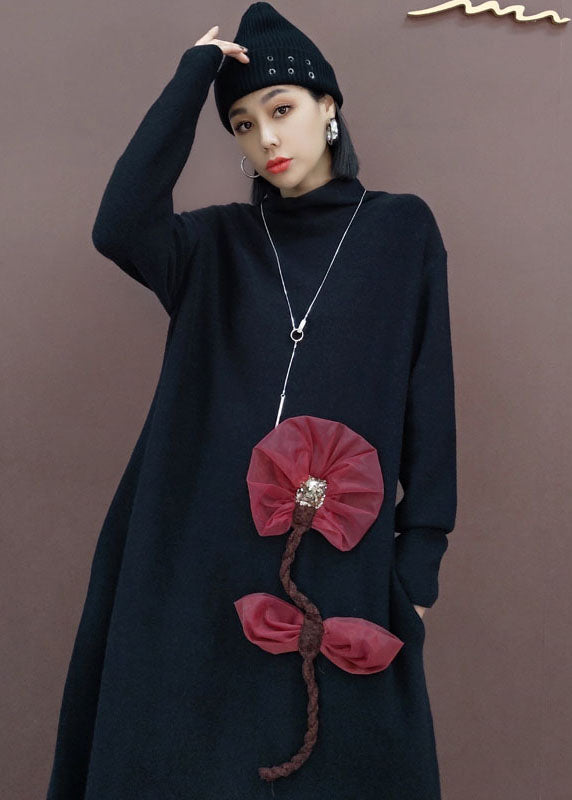Black Turtle Neck Knit Knit Sweater Dress Spring