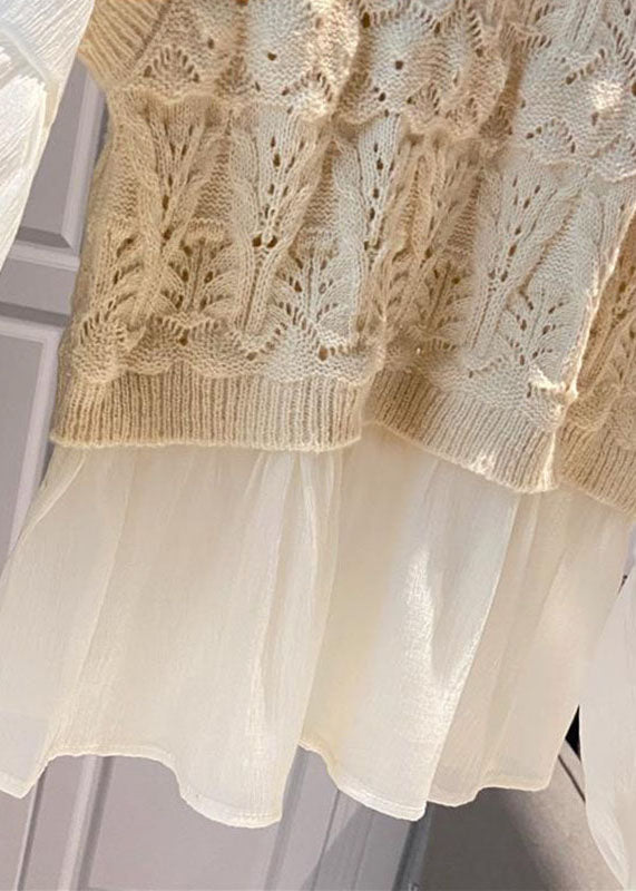 Apricot O-neck Lace Patchwork Hollow Out Shirts Long Sleeve