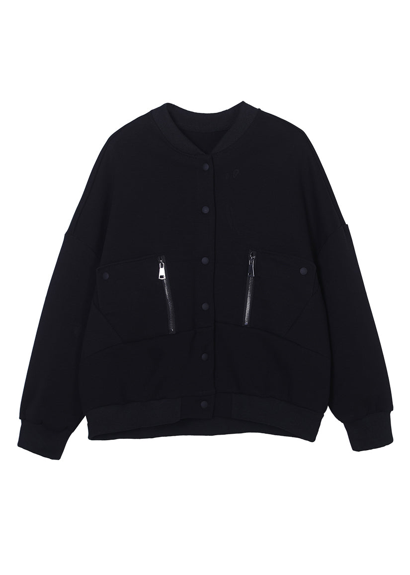 Loose Black O-neck Zippered Button Pockets Cotton Coats Long Sleeve