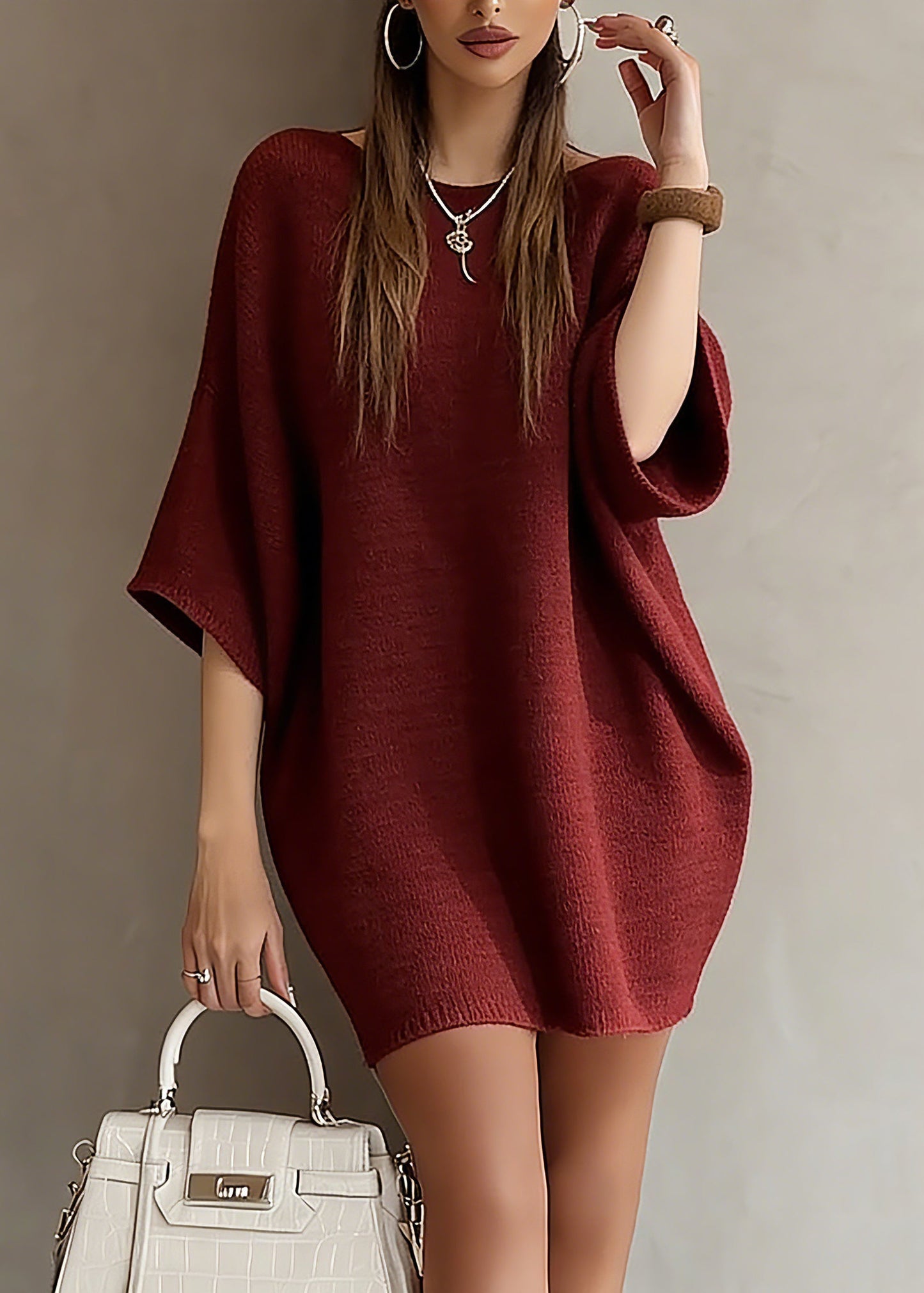 Red Slash Neck Knit Sweater Dress Batwing Sleeve Spring