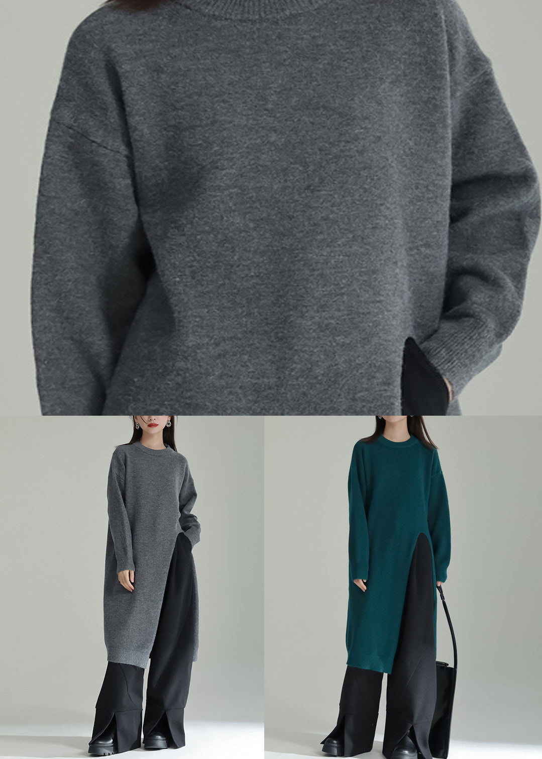 Green Patchwork Knit Dresses O Neck Side Open Winter