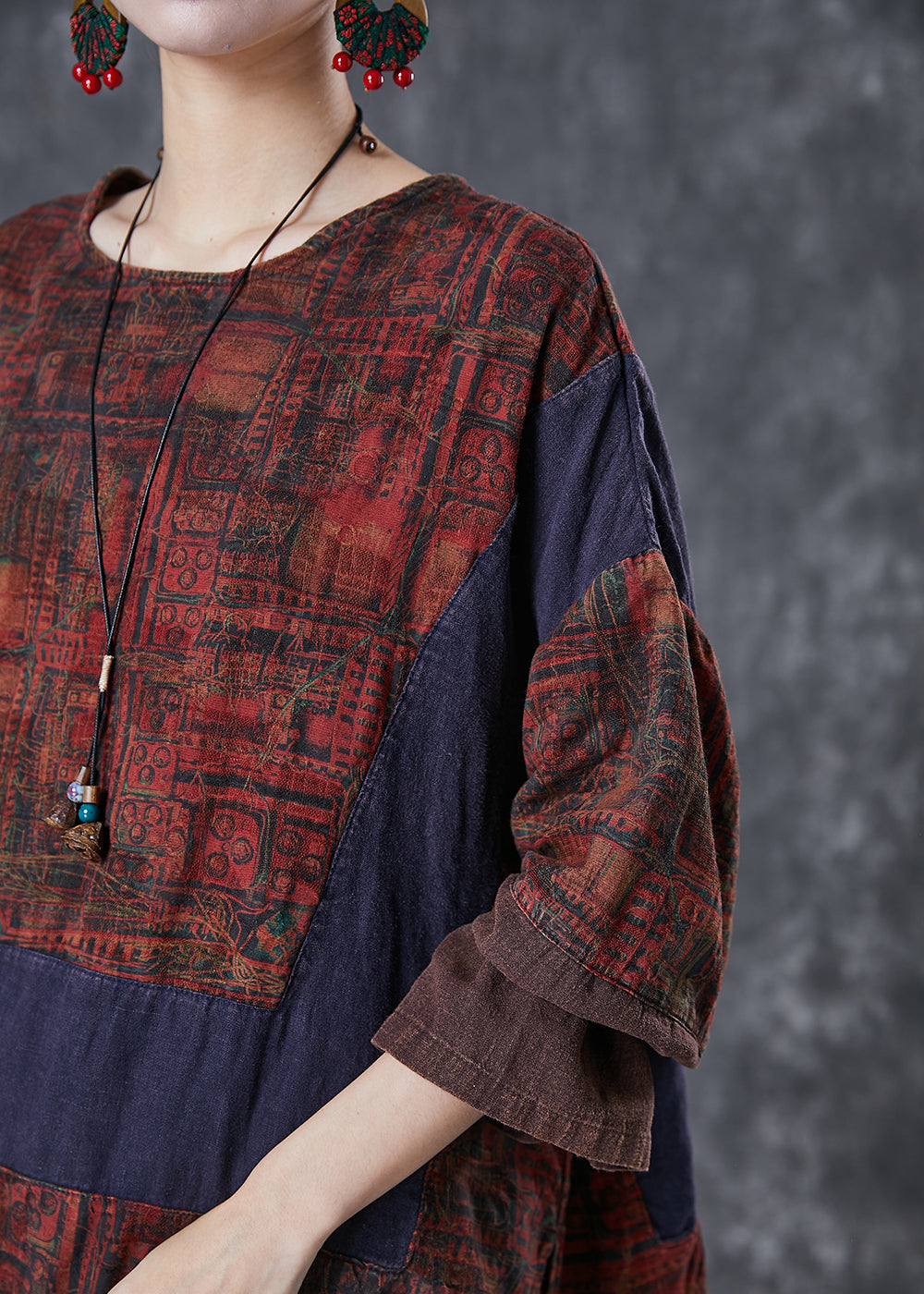 Colorblock Oversized Patchwork Linen Blouses Fall