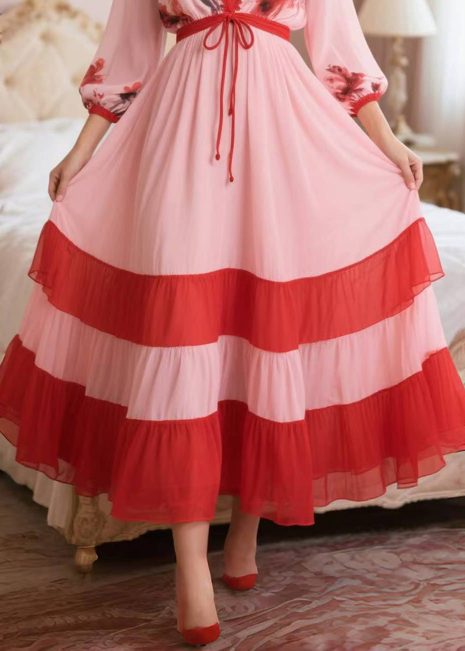 Classy Pink V Neck Patchwork Chiffon Dress Summer