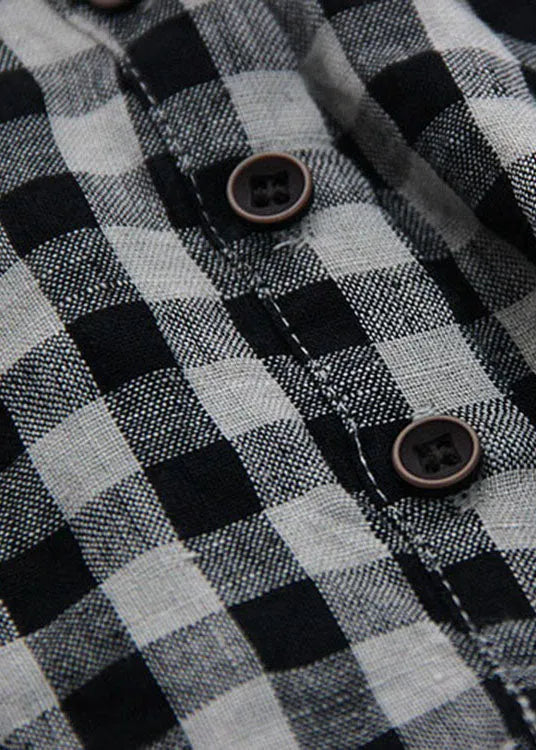 Fitted Large Lattice V Neck Button Loose Linen Shirt Spring