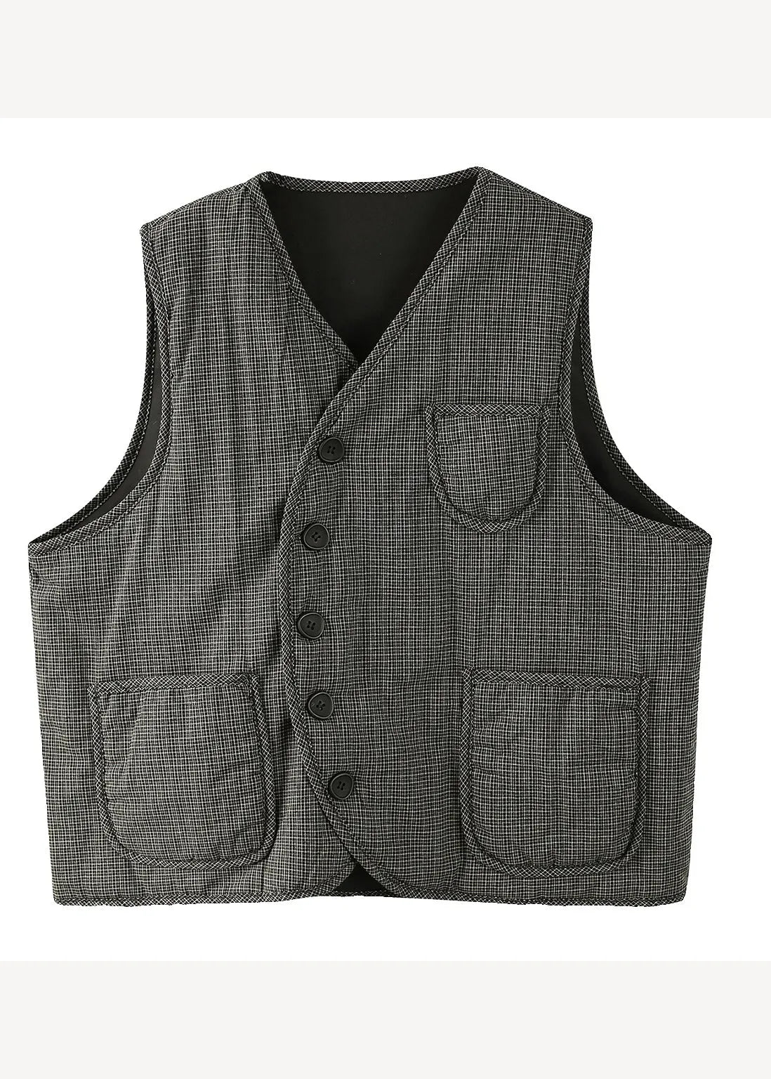 Black V Neck Plaid Pockets Fine Cotton Filled Vest Sleeveless