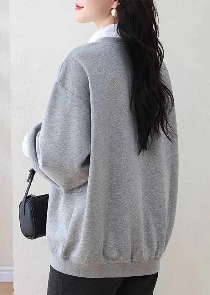 Grey Peter Pan Collar False Two Pieces Patchwork Cotton Sweatshirt Fall
