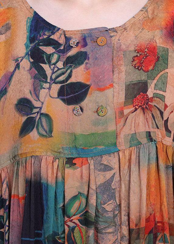 French Orange Print Button Batwing Sleeve Chiffon Summer Maxi Dresses