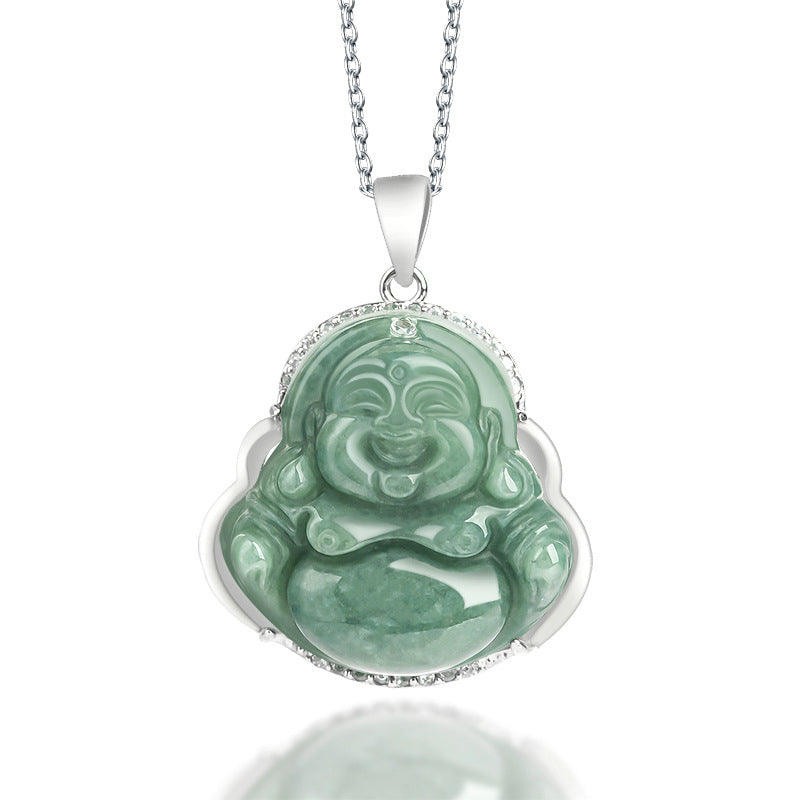 Buddha Stones Laughing Buddha Jade Abundance Necklace Titanium Steel Chain Pendant