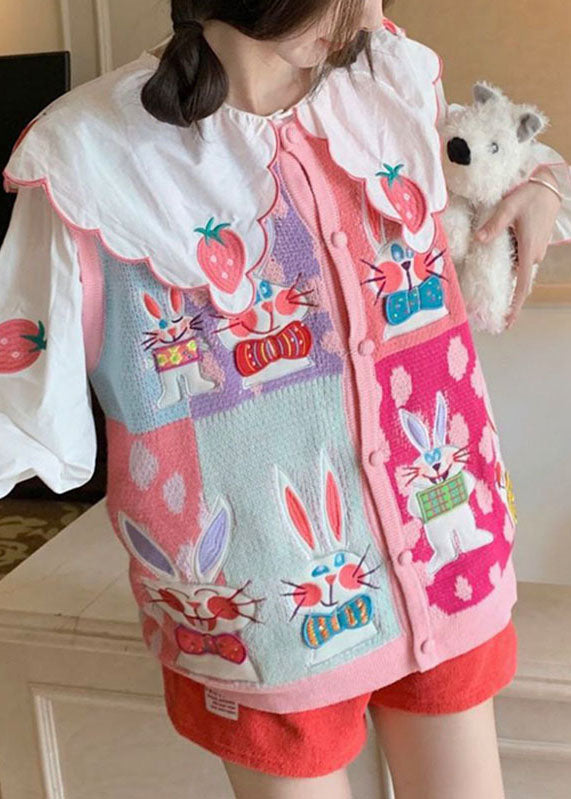 Animal Print Button Pink Cotton Knit Waistcoat and White Shirts Two Pieces Set Long Sleeve