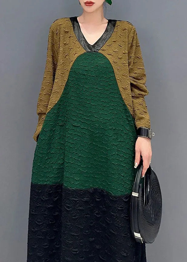 Colorblock O-neck Long Dresses Fall