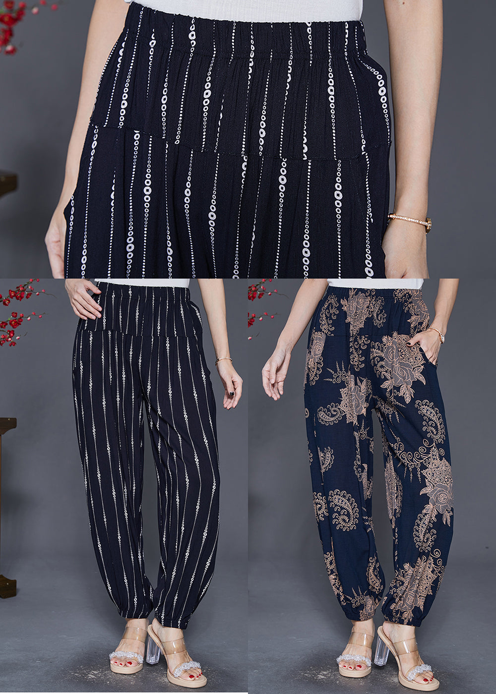 Navy Oversized Print Cotton Lantern Pants Fall