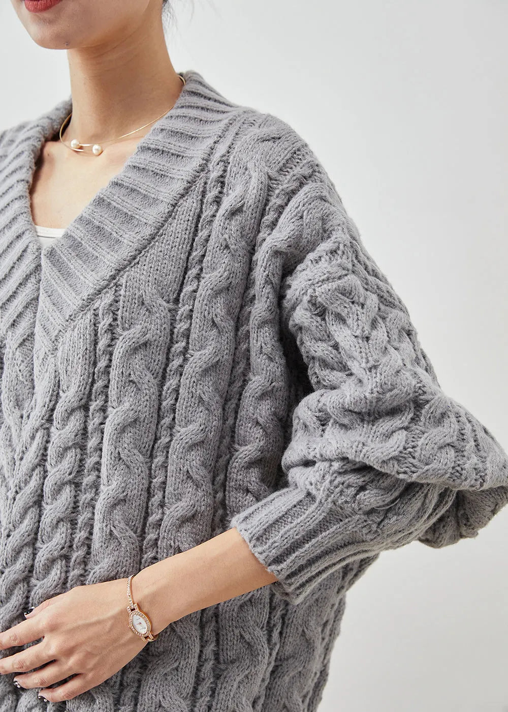 Grey Oversized Thick Cable Knit Sweater Tops Winter