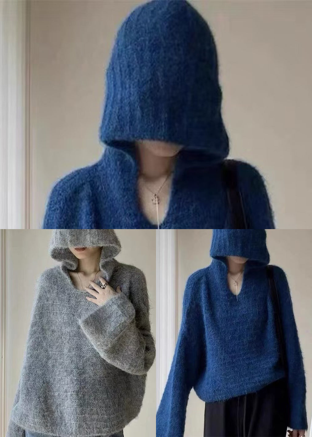 Cozy Grey V Neck Hooded Knit Shirts Spring