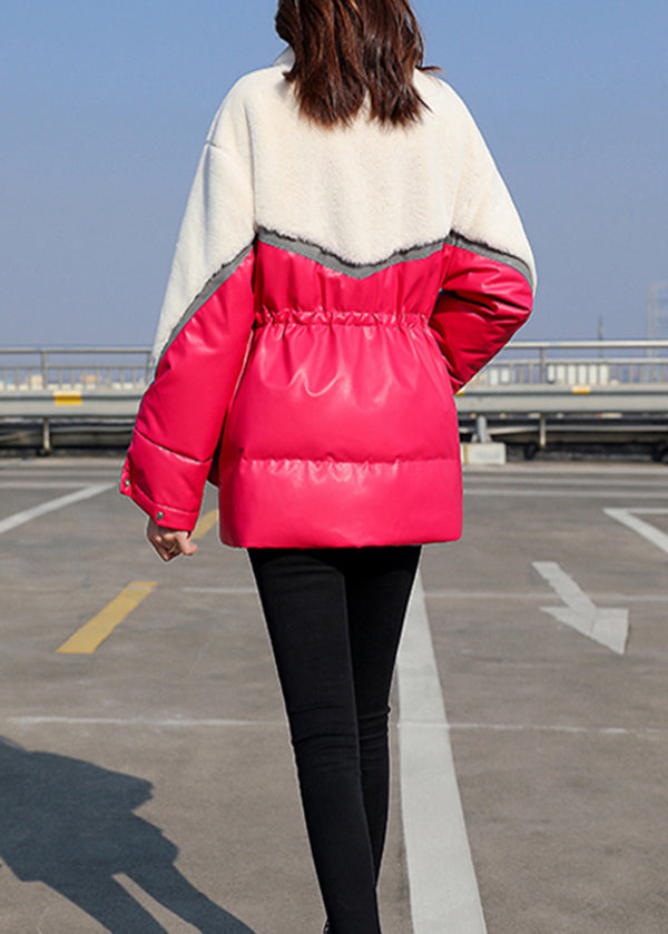 Black Drawstring Faux Fur Patchwork Duck Down Jacket in Winter