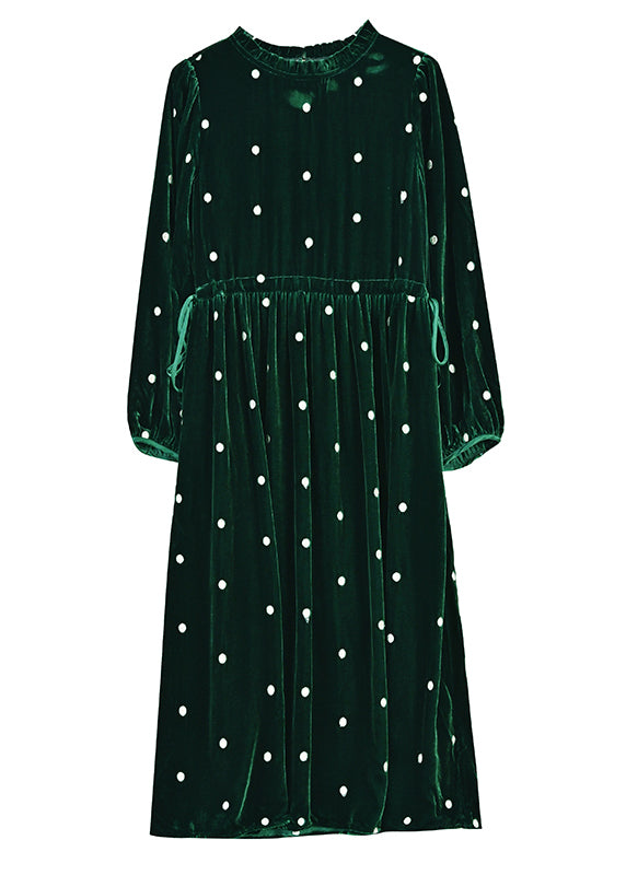 Green Ruffled Wrinkled Drawstring Patchwork Velour Dress Fall