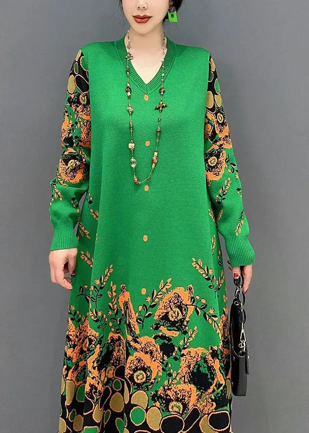 Simple Green V Neck Print Knit a Line Dress Spring
