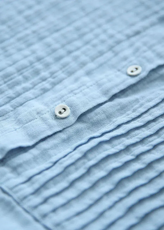 Light Blue Stand Collar Wrinkled Button Linen Blouse Tops Short Sleeve