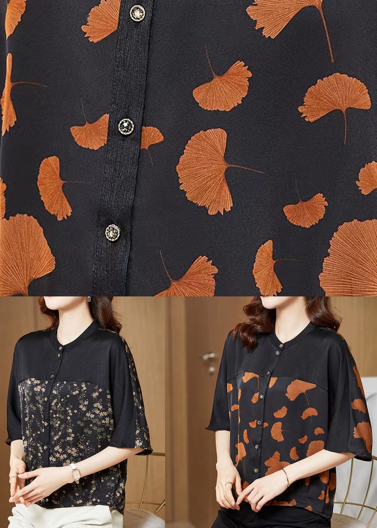 Small Print Patchwork Silk T Shirts O Neck Summer