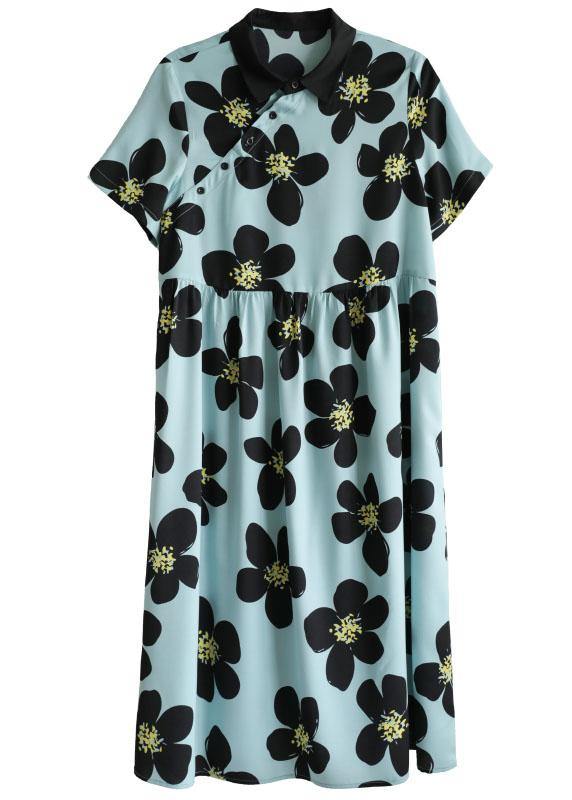 French Blue Peterpan Collar Button Summer Print Short Sleeve Dress