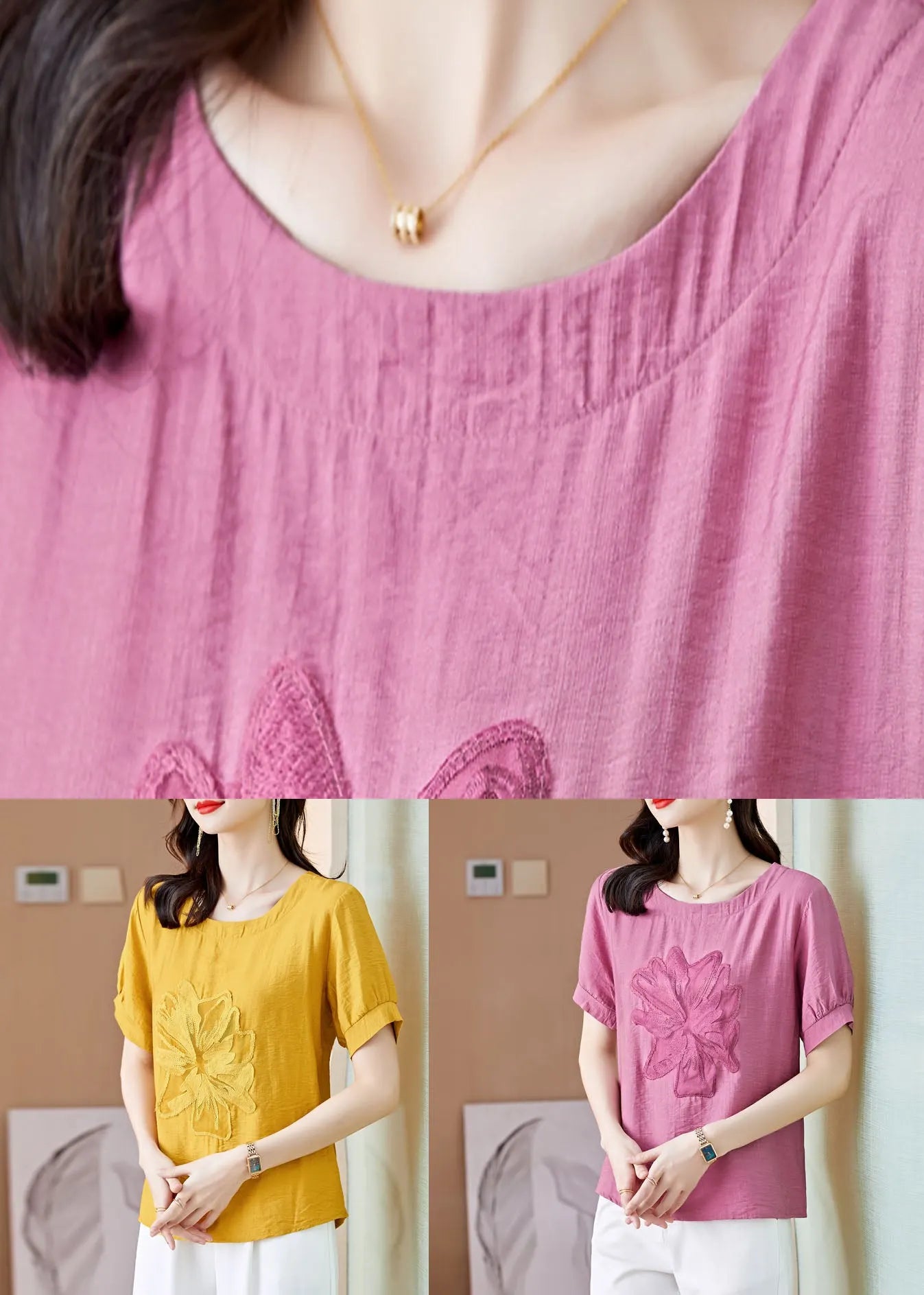 Pink O Neck Embroideried Patchwork Linen T Shirt Top Summer