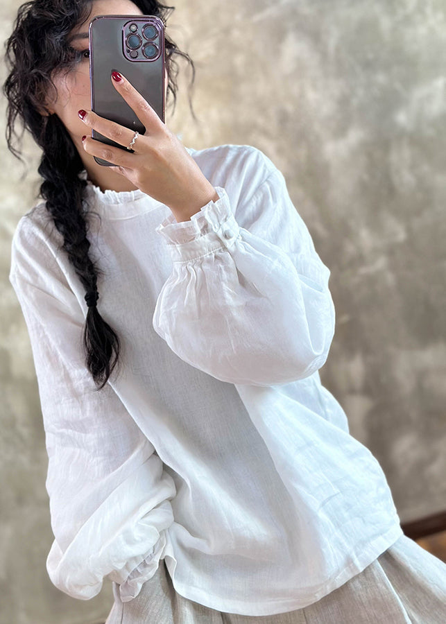 Red Ruffled Linen Blouses Lantern Sleeve