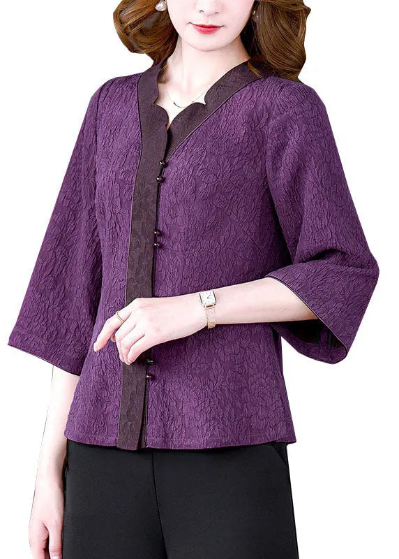 Purple V Neck Jacquard Patchwork Silk Shirts Bracelet Sleeve