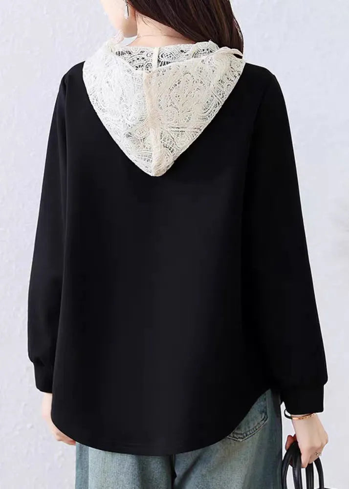 Simple Black Hooded Lace Patchwork Cotton T Shirt Fall