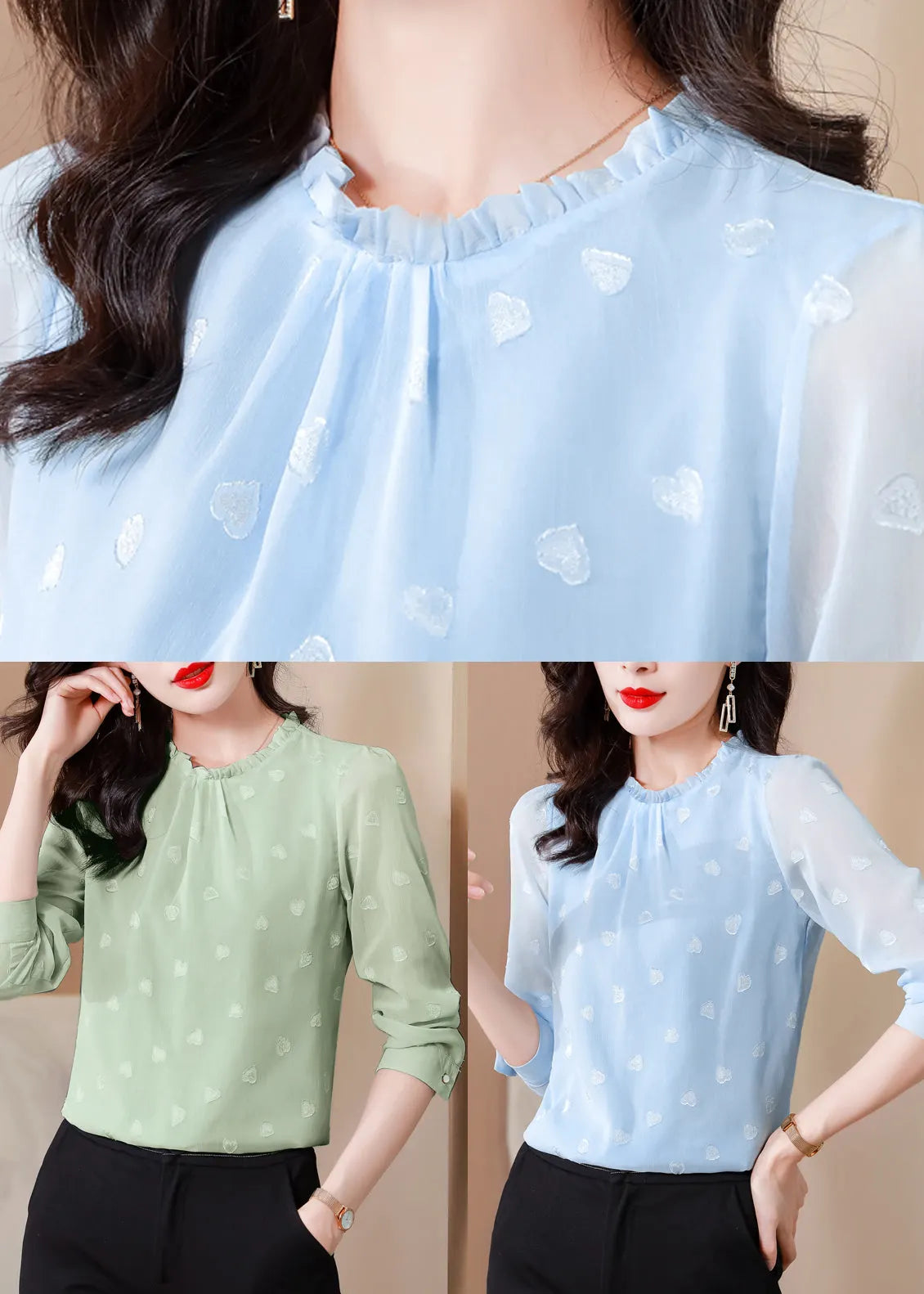 Green Chiffon Shirt Top O-neck Ruffled Spring