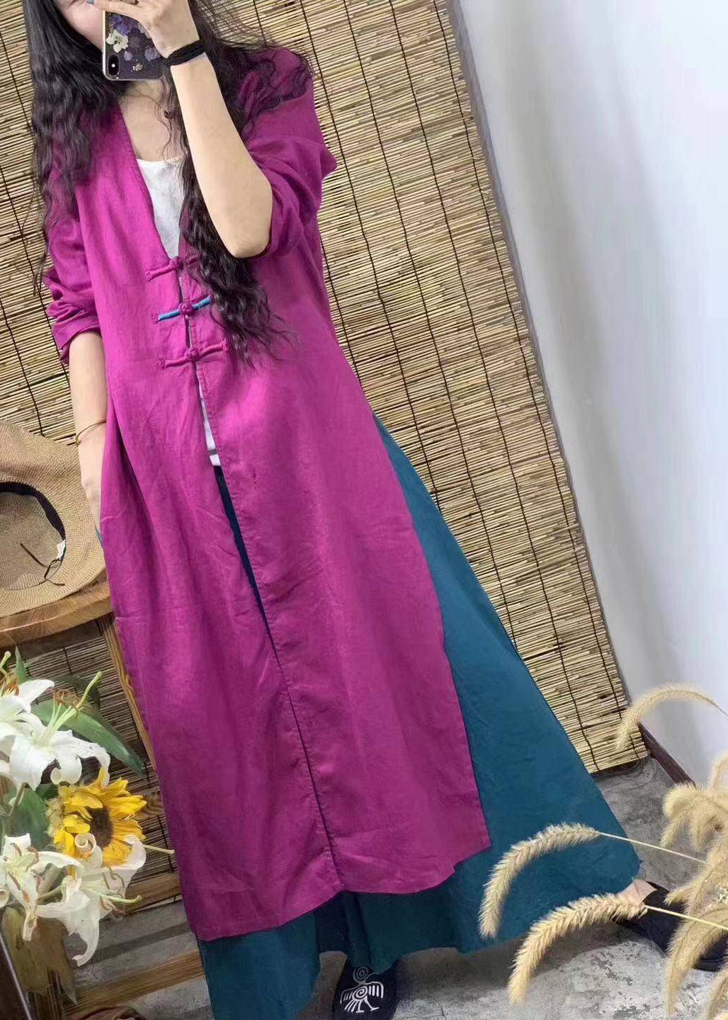 Rose V Neck Trench Coats and Wide Leg Pants Two Piece Set Fall