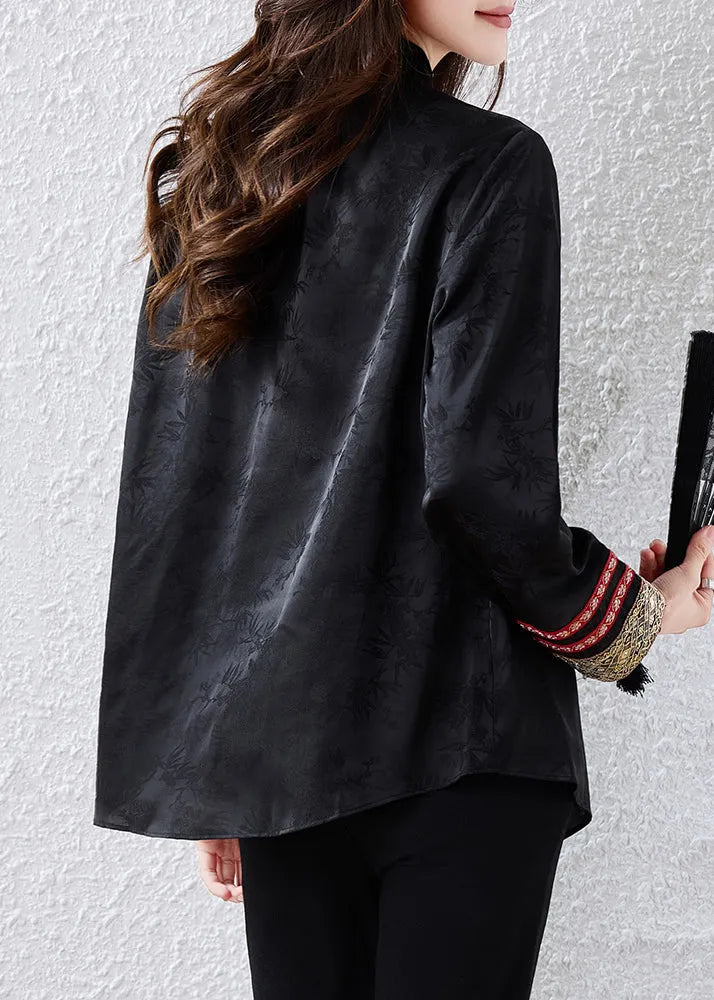 Chinese Style Black Jacquard Patchwork Silk Blouses Fall