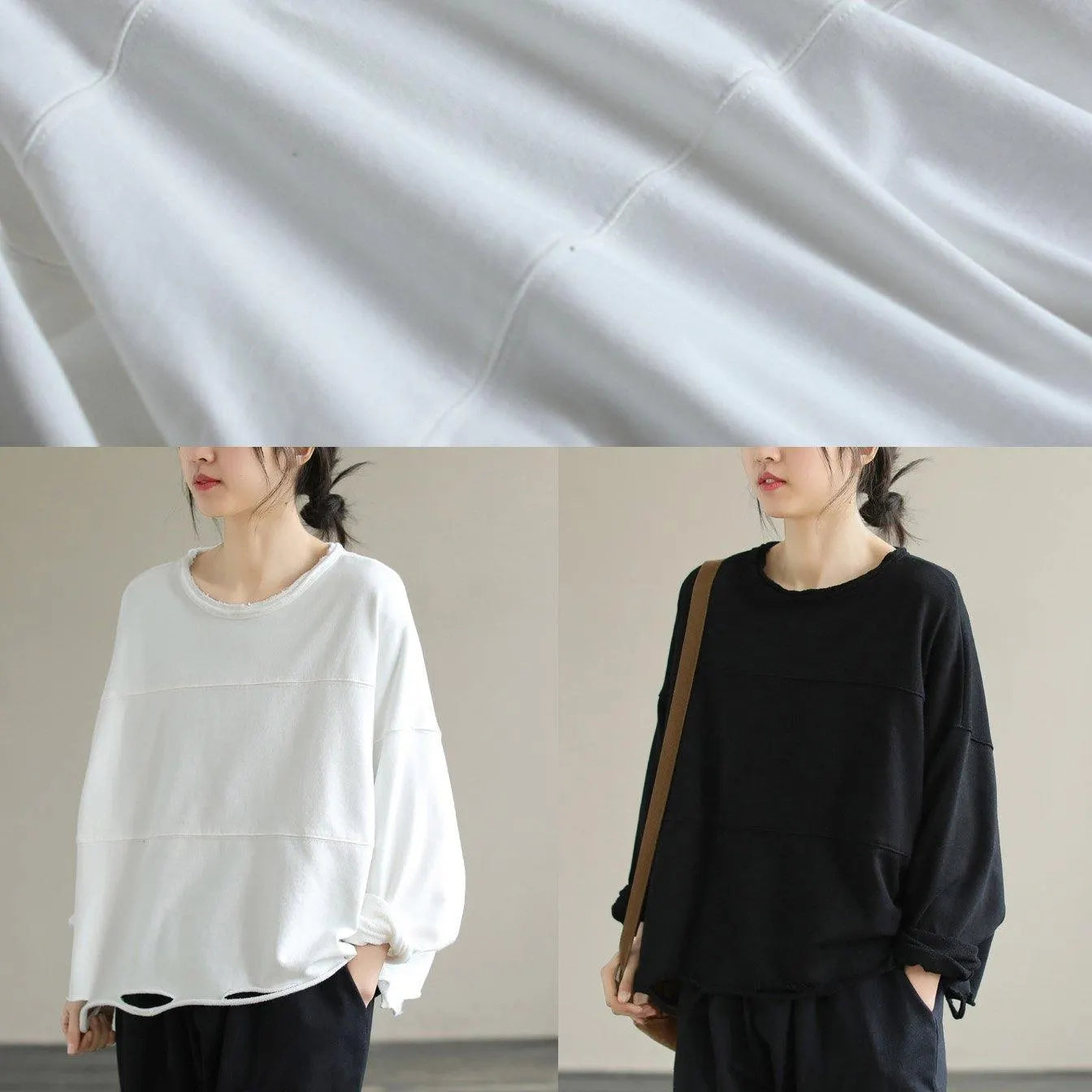 Italian O Neck Cotton Spring Tunic Pattern Pattern Black Blouse