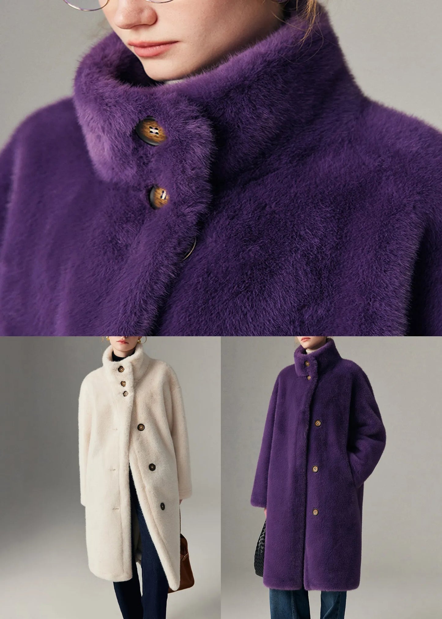 Beige Stand Collar Button Leather and Fur Coats Winter