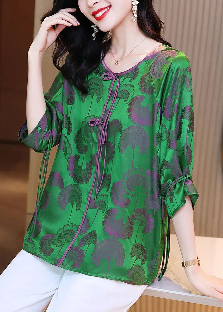 Green Oriental O-neck Ribbon Silk Tops Bracelet Sleeve