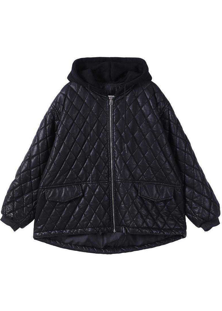 Black Hooded Zippered Patchwork Winter Winter Coats Long Sleeve