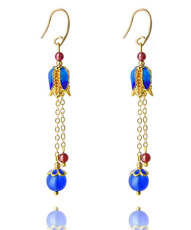 Blue Agate Cloisonne Tassel 14k Gold Drop Earrings