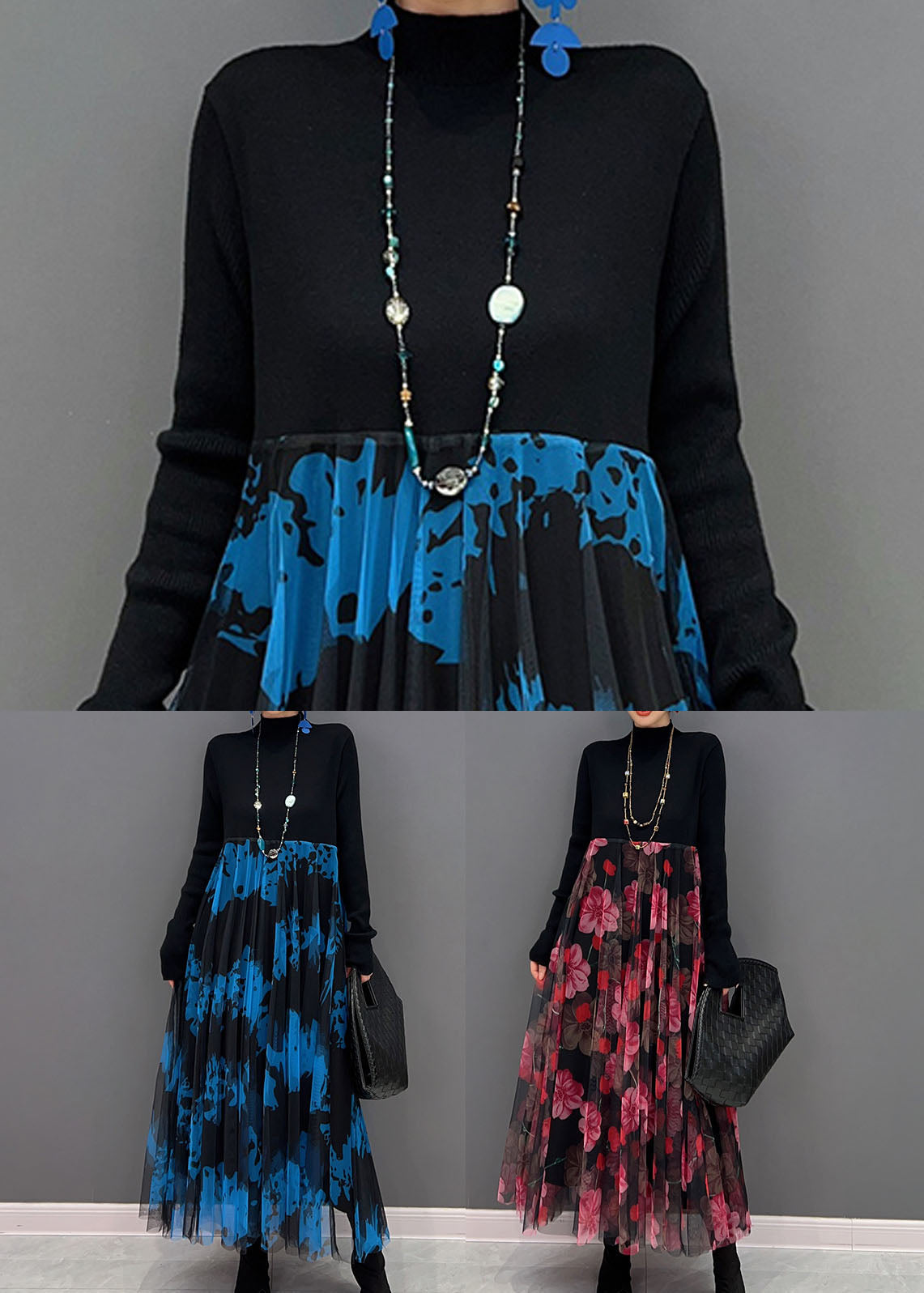 Red Print Stand Collar Patchwork Tulle Knit Long Dress Spring