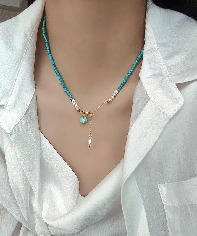 Blue Turquoise With Fine Pearl Gratuated Bead Necklace